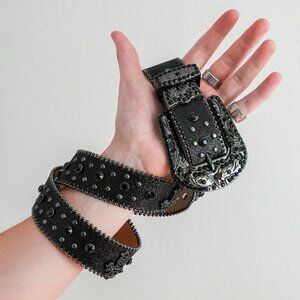 y2k black rhinestone studded western belt — 2000s goth glam style